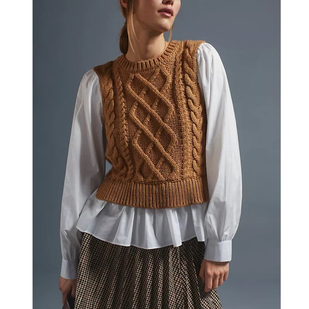 By Anthropologie Sweater Vest & Blouse Layered Top Honey Brown Large Petite LP